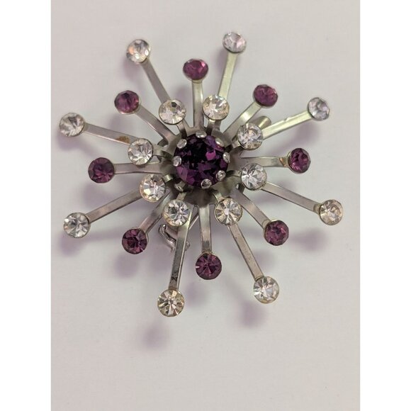 Vintage Atomic Starburst Rhinestone Brooch With Purple & Clear Stones Pinback - Picture 3 of 5